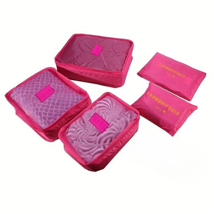 Pink 6 PCS Travel Storage Bags Set Clothes Tidy Packing Cubes Luggage Organizer Pouch Waterproof Oxford Mesh Cloth Travel Bag Organizer