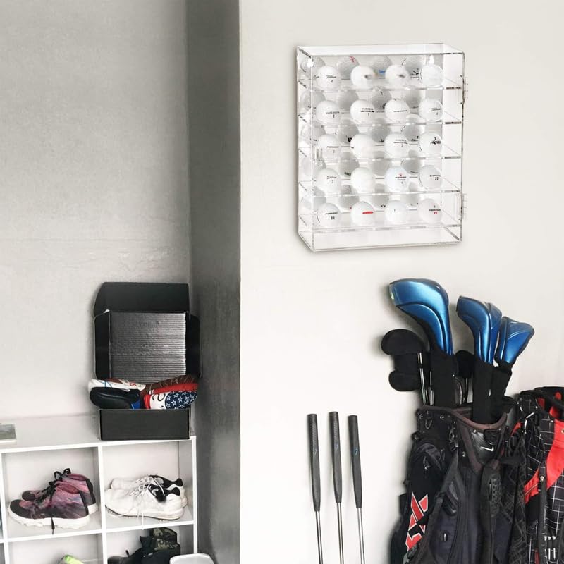 Wall Mountable Golf Ball Display Case – Holds 20 Balls, Clear Acrylic Cabinet with Mirrored Back and UV Protection, 27.3 x 32.4 cm Collector Rack for Memorabilia