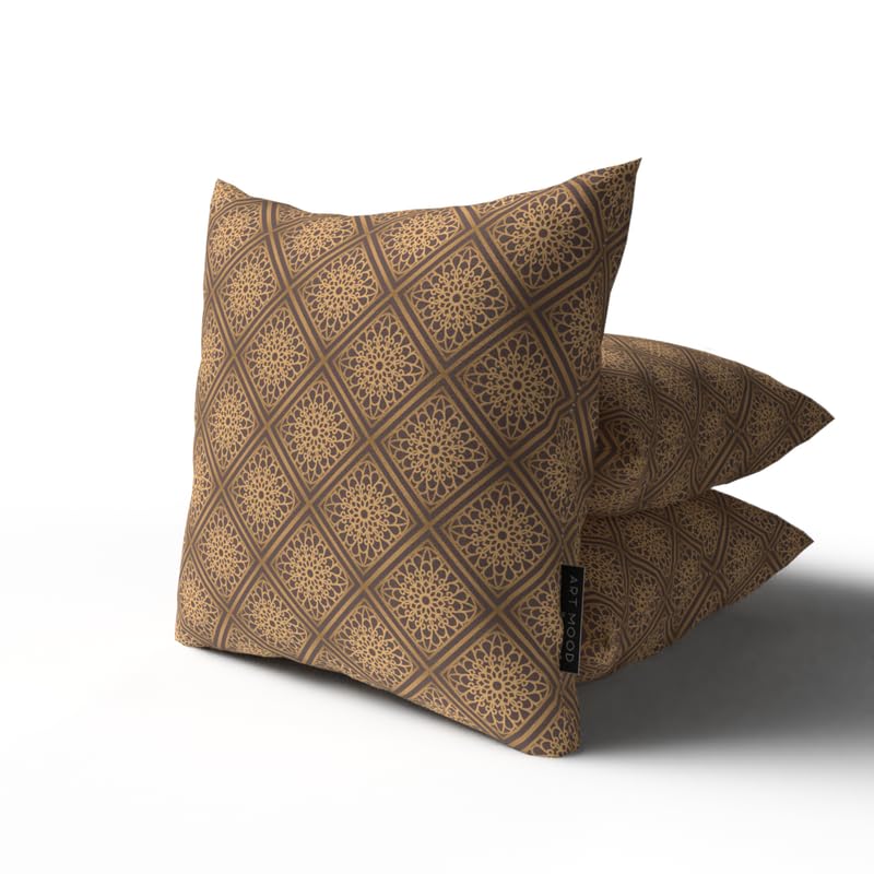 Era Velvet Cushion Cover in Brown & Gold, an opulent 40x40 cm decorative throw pillow with a luxurious Islamic pattern, ideal for creating a rich and festive atmosphere for Ramadan