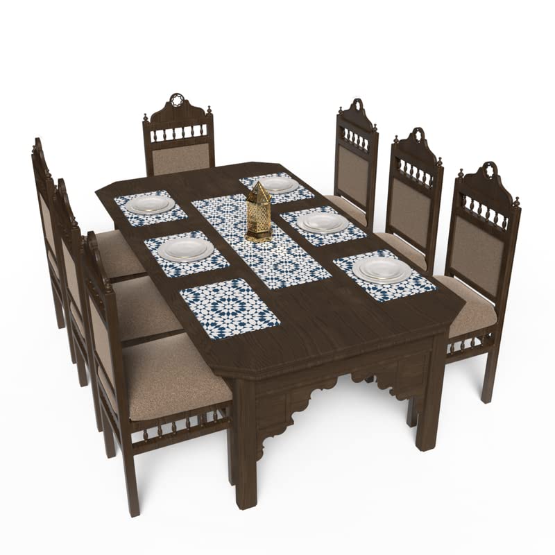 Topaz 7-Piece Dining Set, includes 6 multicolor canvas placemats (45x30 cm) and 1 runner (35x140 cm), with a traditional Islamic pattern to protect your table and create a festive mood