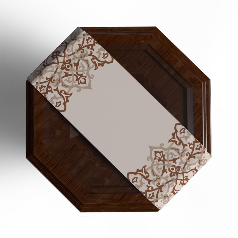 Ramadan's Unique Atlas Velvet Runner in White & Beige, 35x140 cm, a Decorative Centerpiece with a Globally-Inspired Islamic Pattern, adding Worldly Elegance to your Ramadan Decor