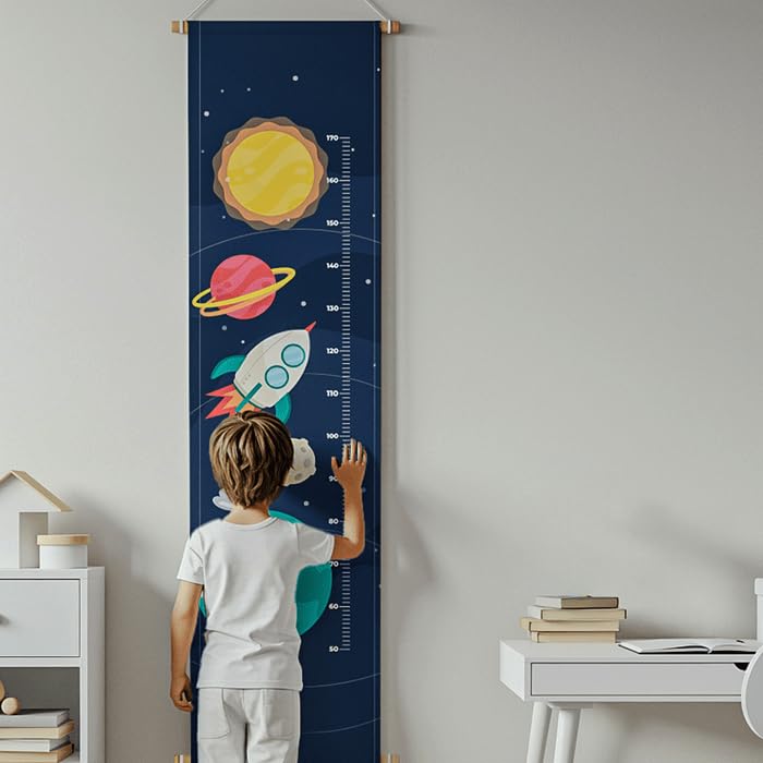 Fabric Posters For Kids – Height Measurement Wall Hanging with Wooden Frame – Bohemian Nursery Room Decor for Boys & Girls – Canvas Ruler Chart