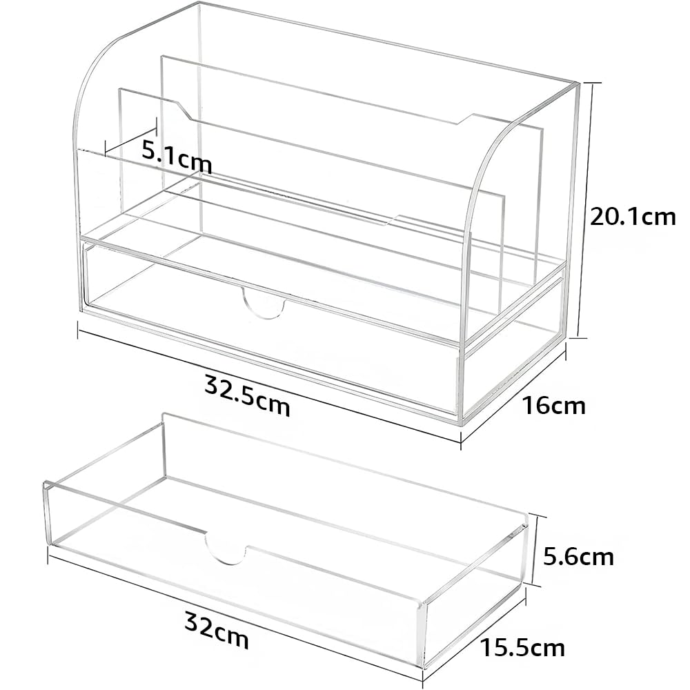Minimalist Acrylic Desk Organizer and File Sorter, Transparent Desktop Storage Solution with 3 Vertical Slots and 1 Integrated Drawer for Home and Office, Sleek Modern Design