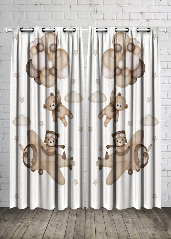 Kids Room Bear Balloon and Cloud Curtain -Linen Velvet Fabric -Privacy - Steel Grommets - 2 Pieces