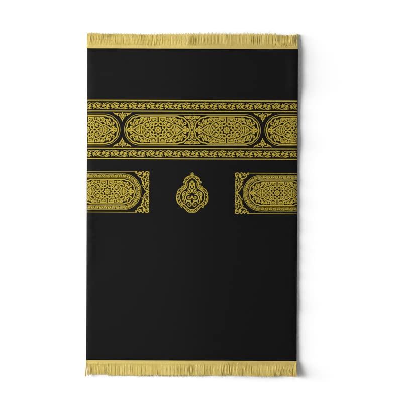 Velvet Prayer Mat in Gold and Black, 68x117 cm, a soft Islamic rug with a unique Mecca-inspired design, providing a comfortable and special surface for your daily prayers