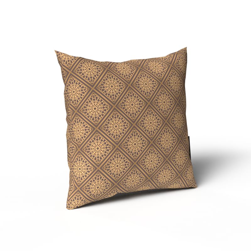 Era Velvet Cushion Cover in Brown & Gold, an opulent 40x40 cm decorative throw pillow with a luxurious Islamic pattern, ideal for creating a rich and festive atmosphere for Ramadan