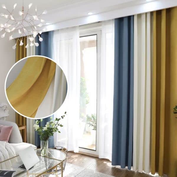 Velvet Modern Design Curtain- Soft Fabric - three colors with Tie-backs - 2 Piece 4 meters width (400W X 250L CM, Gold*Off White*Petrol Blue)