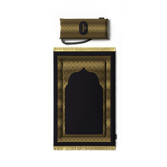 سجادة صلاة مبطنة للأطفال من المخمل الناعم باللونين الذهبي والأسود، 57×95 سم، سجادة مريحة وحجم مثالي للأطفال، تجعل أوقات صلاتهم مريحة وتشجع على ممارستها بانتظام.