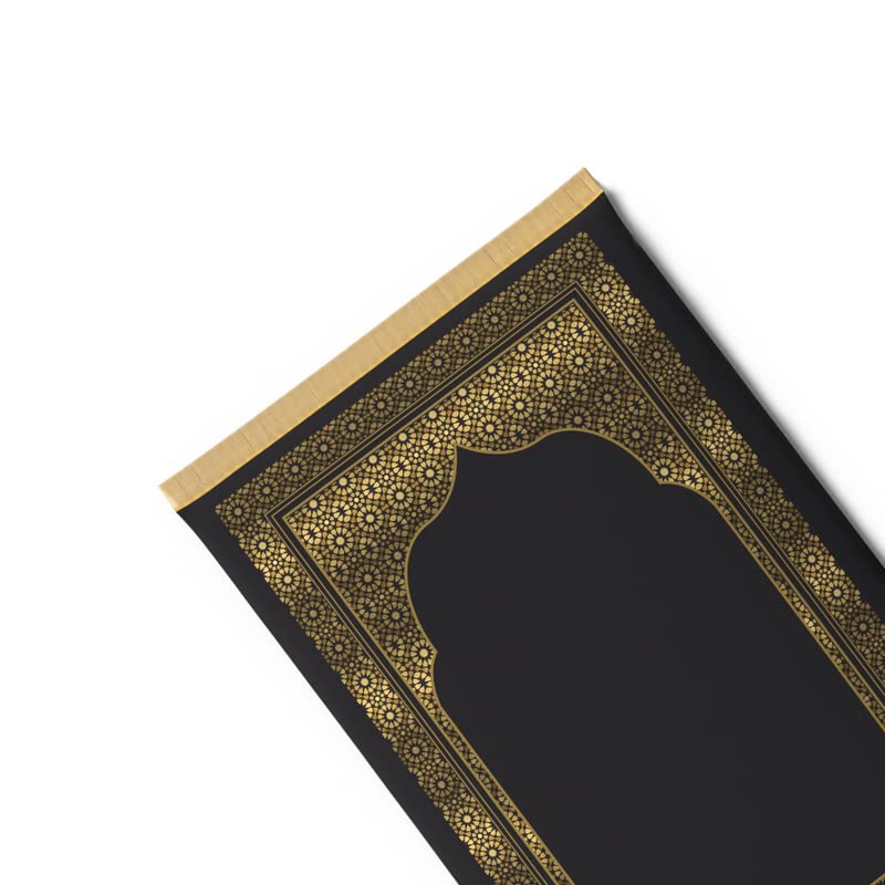Velvet Prayer Rug Mat in classic Gold and Black, 68x117 cm, made from a soft material to provide a comfortable and dedicated space for your daily Islamic prayers and devotion at home