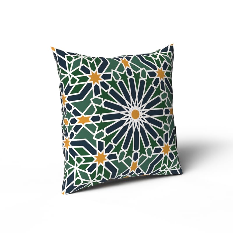 Adden Velvet Cushion Cover in Green & Blue, a rich 40x40 cm decorative throw pillow with a garden-inspired Islamic pattern, bringing a sense of paradise to your Ramadan home decor