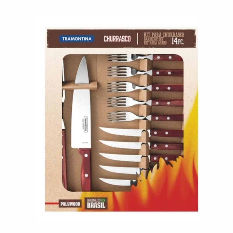 14-Piece Fork and Knife Set with Durable Polywood Red Handles – Premium Stainless Steel Cutlery Set for Dining and Everyday Use, Ultra Sharp, High Anti-Rust, Non-stick Blades - De