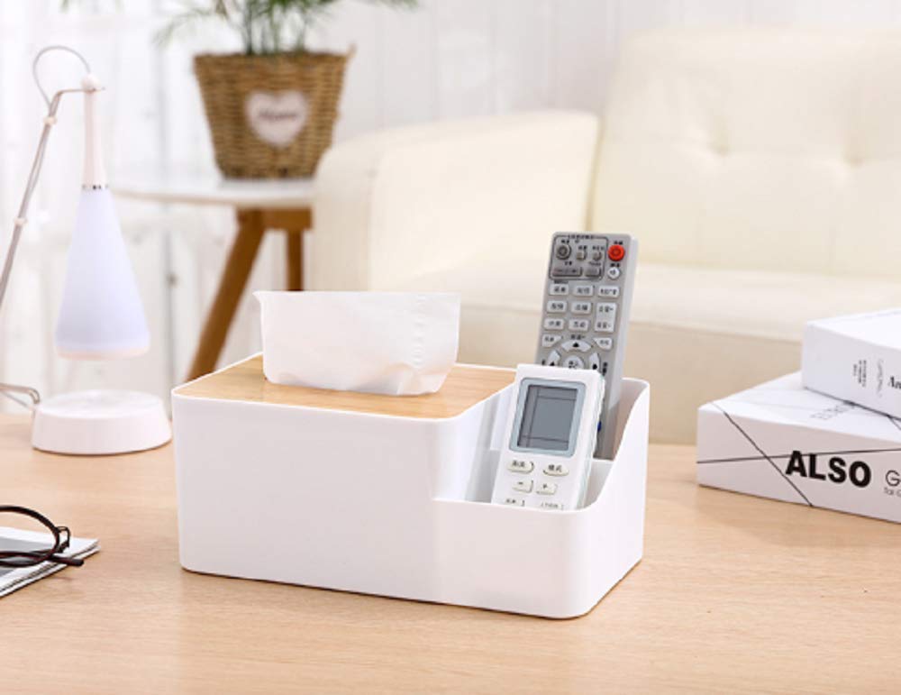 حامل مناديل متعدد الوظائف - علبة مناديل مستطيلة بغطاء خشبي، منظم سطح مكتب للهواتف والأجهزة اللوحية وجهاز التحكم عن بعد والأقلام ومستحضرات التجميل، مثالي للمنزل والمكتب - أبيض