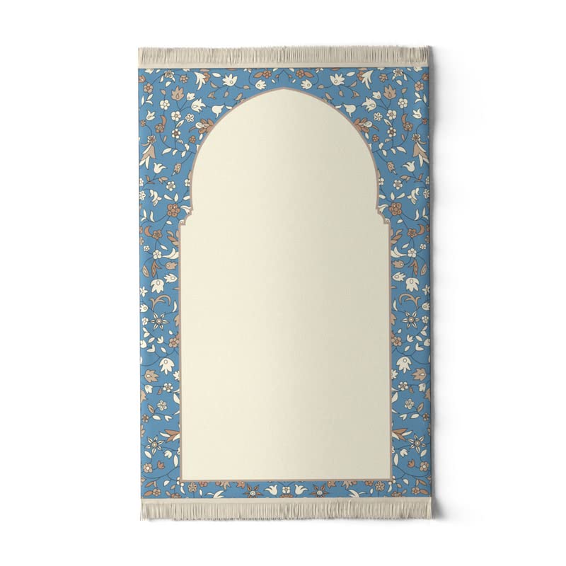 Velvet Prayer Mat in Beige and Blue, 68x117 cm, a comfortable Islamic rug with a soft design, ideal for daily use at home, the mosque, or for travel, ensuring a clean prayer space