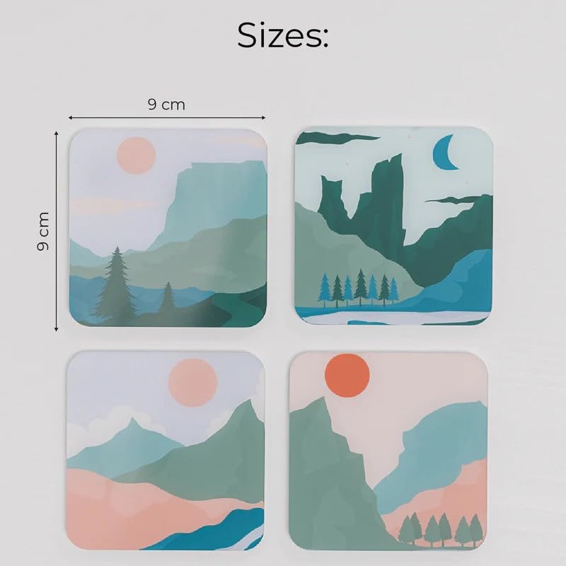 Acrylic Coaster Set of 4, 9×9 cm, Heat and Moisture Resistant Drink Coasters, Mountain Landscape Design, Acrylic for Coffee Tables Desks Dining Decor, Set of Decorative Mats