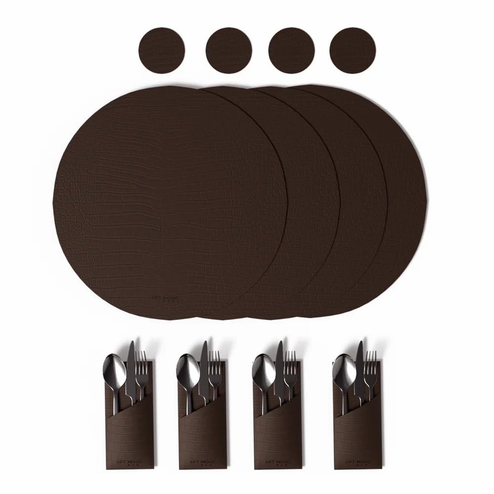 Leather Placemat Set with Coasters And Holders - Faux Leather Dining Table Protection - Heat And Scratch Resistant