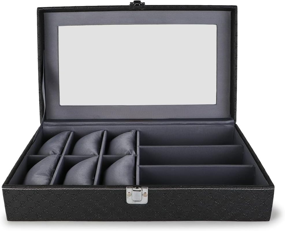 Watch Box and Sunglass Case Organizer, 6 Watch Slots, 3 Sunglass Compartments, Elegant Black and Gray Design, Premium Leather Look, Perfect Gift for Men and Women