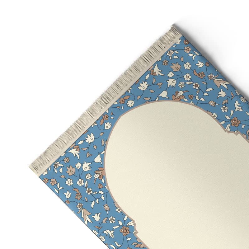 Velvet Prayer Mat in Beige and Blue, 68x117 cm, a comfortable Islamic rug with a soft design, ideal for daily use at home, the mosque, or for travel, ensuring a clean prayer space