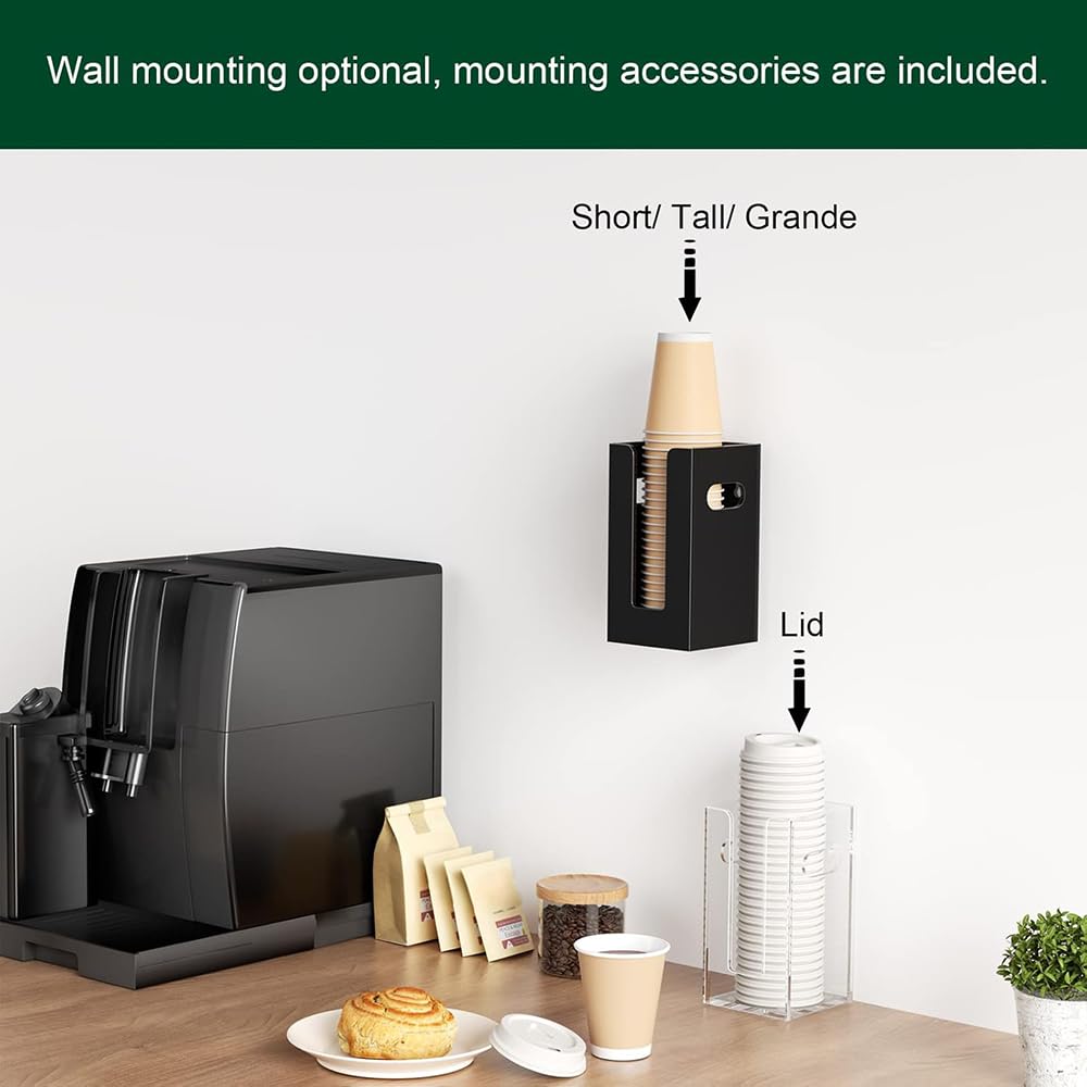 Clear Acrylic Coffee Cup Dispenser with Handles, Compartment Countertop or Wall Mounted Organizer for Hot and Cold Drink Cups and Lids