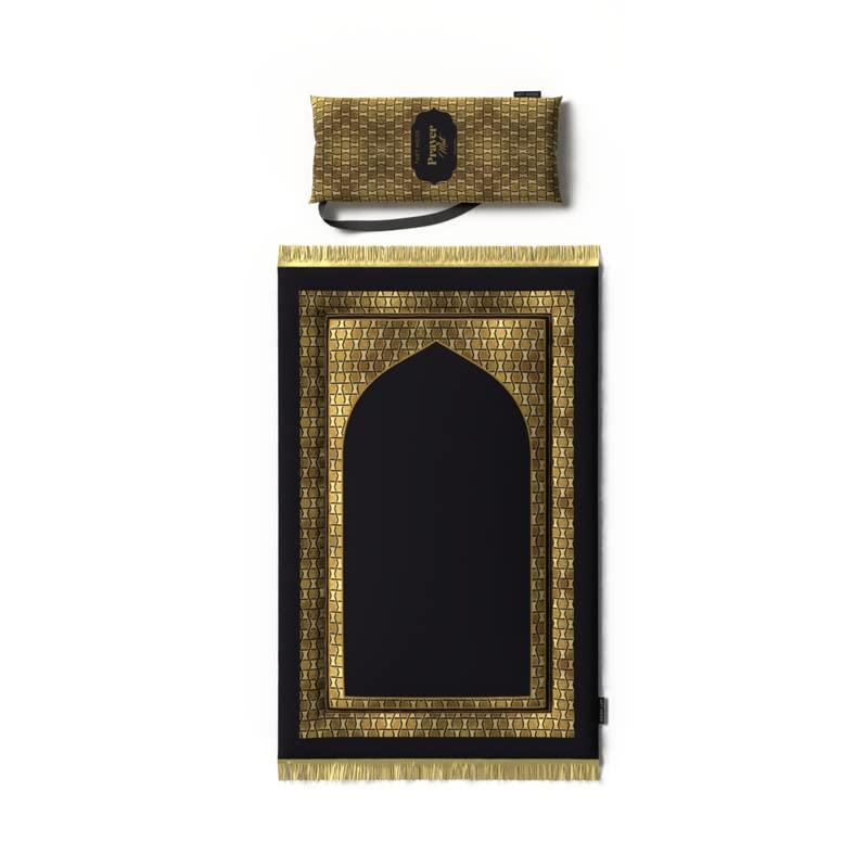 Padded Prayer Rug for Kids in Gold and Black velvet, 57x95 cm, a comfortable and soft mat with a classic design, perfectly sized to encourage and comfort young ones during prayer