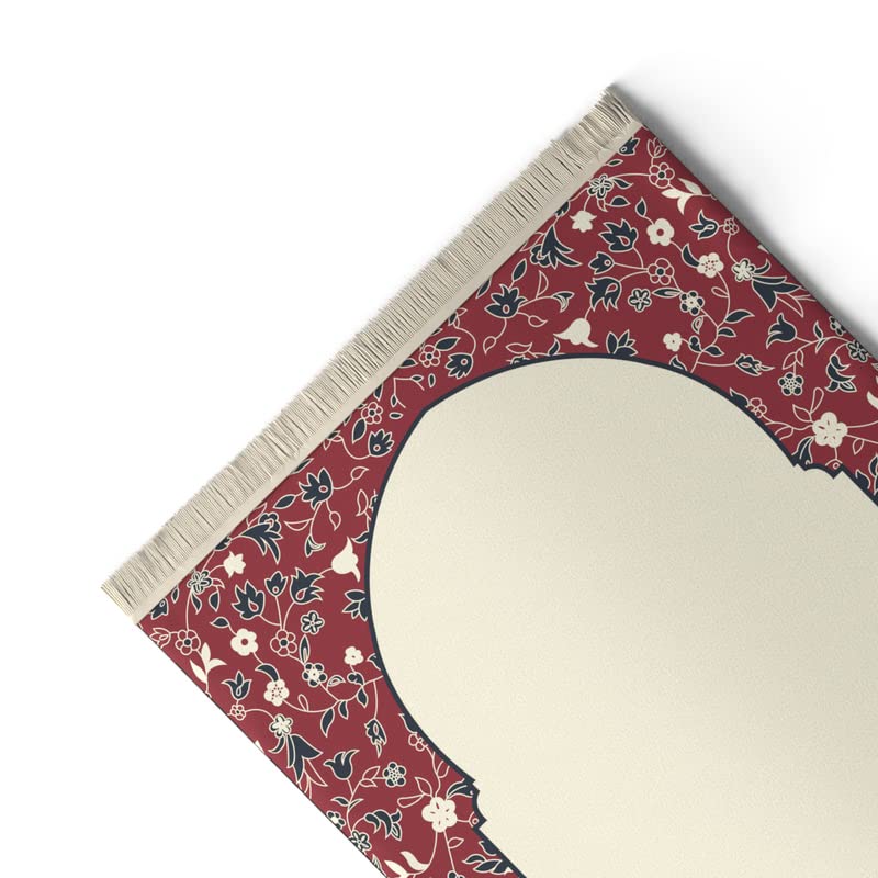 Velvet Prayer Mat in Beige and Red, 68x117 cm, a luxurious Islamic rug with elegant details and a mosque garden design, crafted from soft velvet for comfortable prayers