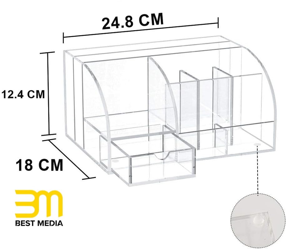 Clear Acrylic Desk Organizer, 8 Compartments Plus 1 Drawer Office Supplies Storage Organizer for Desktop, Home, and School