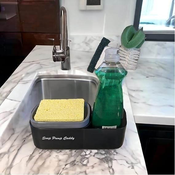 Dish soap Pump Dispenser Sink and Kitchen Caddy Organizer Set with Sponge Included. 3 in 1 Convertible Multi Storage and Holder for sponges, Scrubs, Brushes and More.