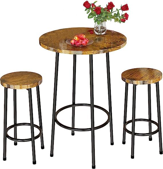 3 Piece Pub Table Set, Modern Round Bar Table with 2 Stools Set, Bistro Counter Height Table Dining Set of 2 for Small Space, Dining, Kitchen, Restaurant, Breakfast Nook - Rustic Brown