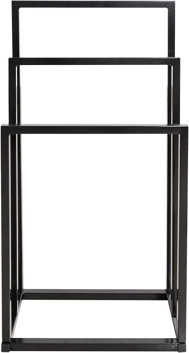 3-Tier Black Metal Towel Rack - Chrome Tall Industrial Modern Freestanding Towel Holder for Bathroom Accessories