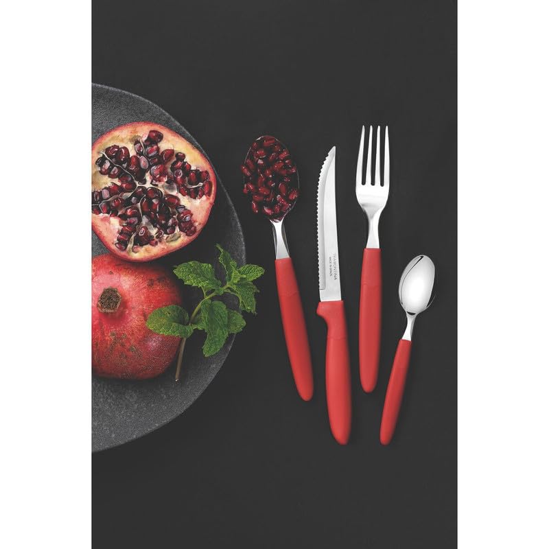 Ipanema Stainless Steel Flatware Set, 24-Piece Cutlery with Durable Red Polypropylene Handles, Includes Plastic Storage Container, Perfect for Daily Use and Gatherings