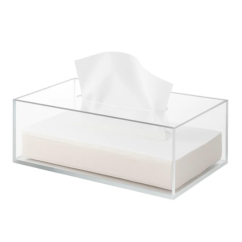 Clear Acrylic Tissue Box Cover Holder with Removable Lid for Easy Use – 26 x 12 x 10 cm Rectangular Napkin Organizer for Bathroom, Kitchen, Office, or Events