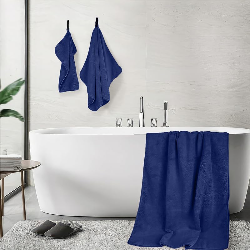 4-Piece Towel Set, 100% Cotton ? Includes 1 Bath Towel 140 cm x 70 cm, 1 Hand Towel 100 cm x 50 cm, 2 Washcloths 30 cm x 30 cm, Quick Dry, Super Soft, Highly Absorbent, No Fade, Navy Blue