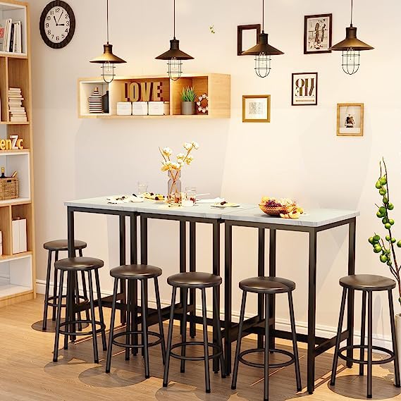 Dining Table Set for 2, Small Marble Bistro/Pub/Dining/Kitchen/Bar Table Set with 2 Stools, Ideal for Breakfast Nook, Kitchen, Dining Room, Bedroom, Small Spaces (White Table + Brown Stools)