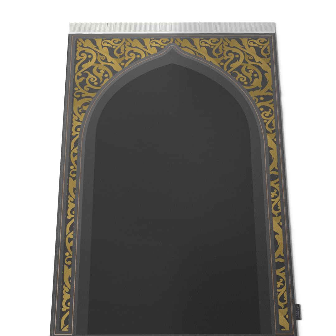 Velvet Prayer Mat in Grey and Gold, 68x117 cm, a luxurious and soft rug with an elegant design, perfect for creating a comfortable and sophisticated prayer space at home or on the go