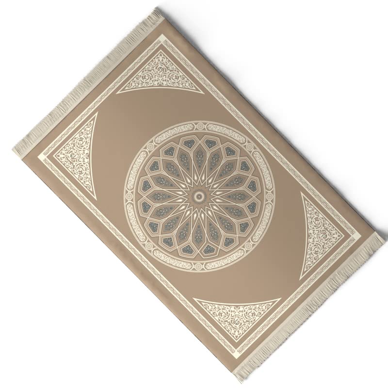 Velvet Prayer Mat in a warm Beige, 68x117 cm, a soft and luxurious Islamic rug with an elegant dome design, offering a comfortable and dedicated space for daily prayers and reflection