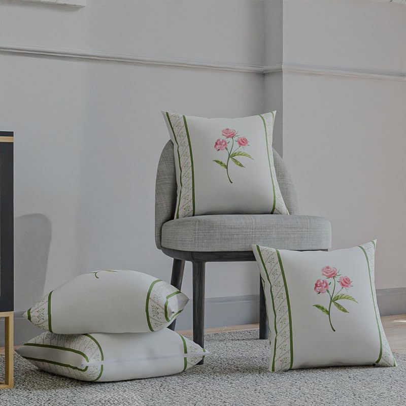 Azure Velvet Cushion Cover, a plush decorative pillow in White, Pink, & Green, 40x40 cm, featuring a luxurious feel and a beautiful floral design to enhance your sofa or bedroom decor