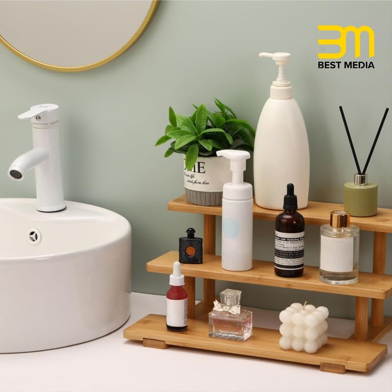 3-Tier Bamboo Countertop Organizer, Elegant Display Riser Stand for Perfume, Makeup, and Skincare, Versatile Shelf for Bathroom Vanity, Kitchen Spices, and Collectibles