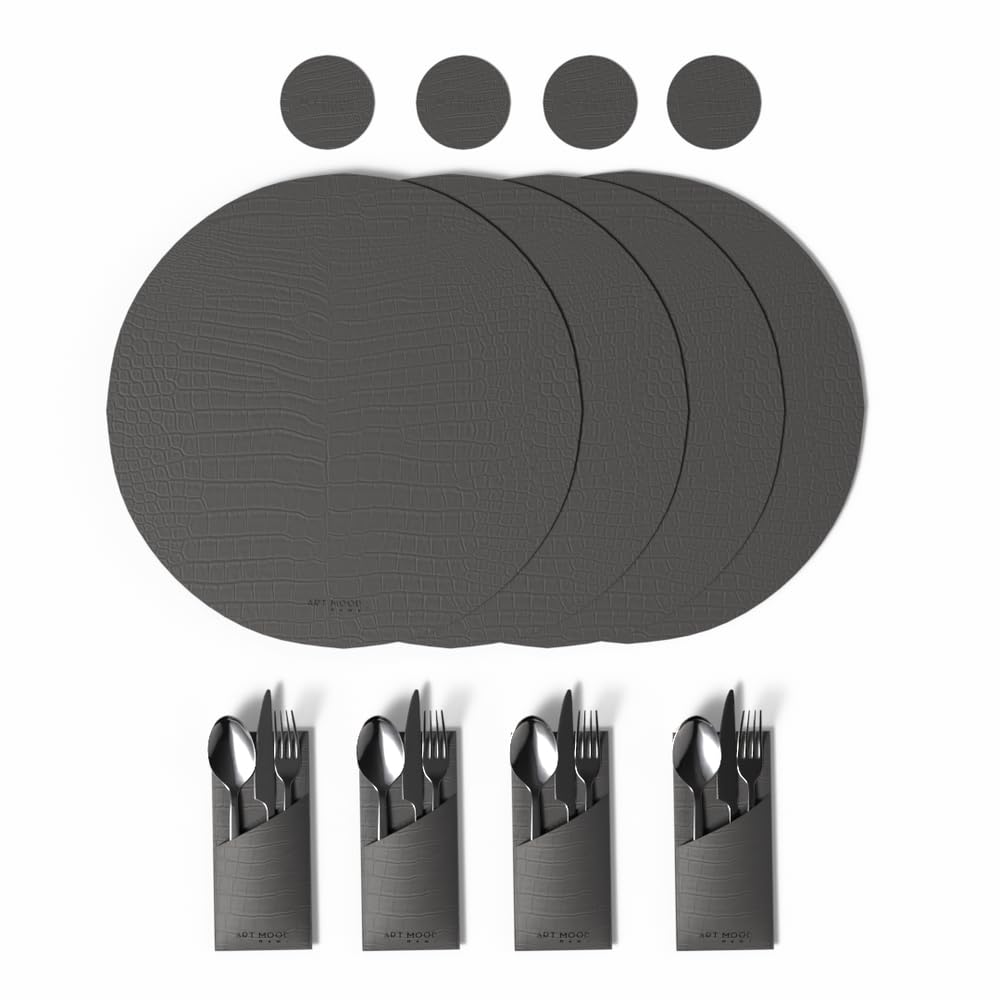 Leather Placemat Set with Coasters And Holders - Faux Leather Dining Table Protection - Heat And Scratch Resistant