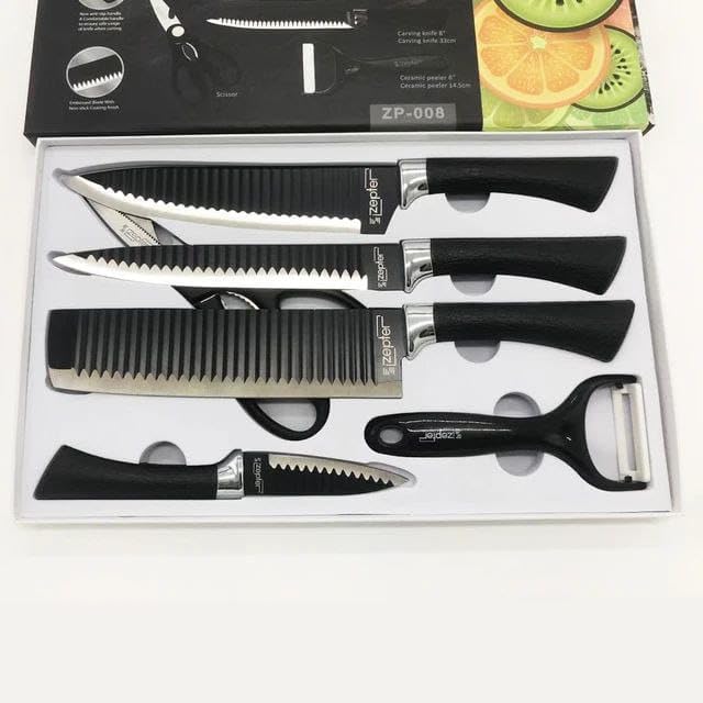 Kitchen Knife Set 6 Pieces With Scissors And Peeler Rust Resistant Non-Stick