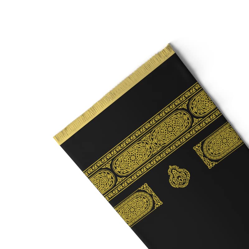 Velvet Prayer Mat in Gold and Black, 68x117 cm, a soft Islamic rug with a unique Mecca-inspired design, providing a comfortable and special surface for your daily prayers