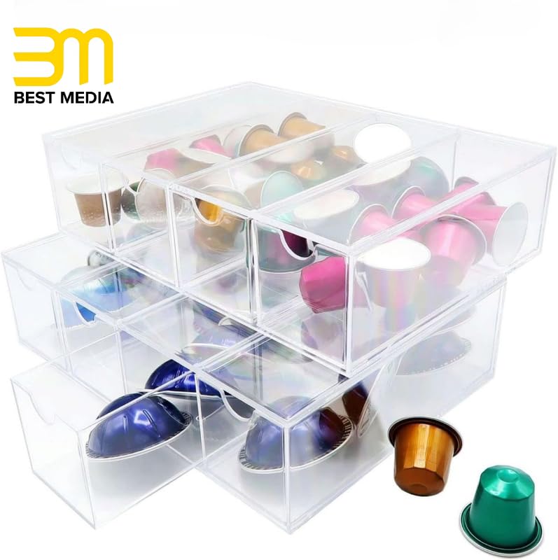4-Compartment Acrylic Coffee Pod Holder and Desktop Organizer, Clear Storage Box for K-Cup Capsules and Coffee Bar Station Accessories, Multi-Use Desk and Kitchen Drawer Organizer