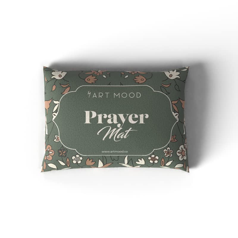 Velvet Prayer Mat in Beige and Olive, 68x117 cm, a luxurious rug with a beautiful mosque garden design, made from soft velvet for a comfortable and peaceful prayer experience