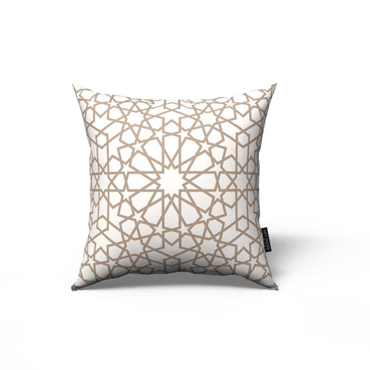 Nova Velvet Cushion Cover in White & Beige, a 40x40 cm decorative throw pillow with a celestial-inspired Islamic pattern, ideal for a serene and spiritual Ramadan home decor theme