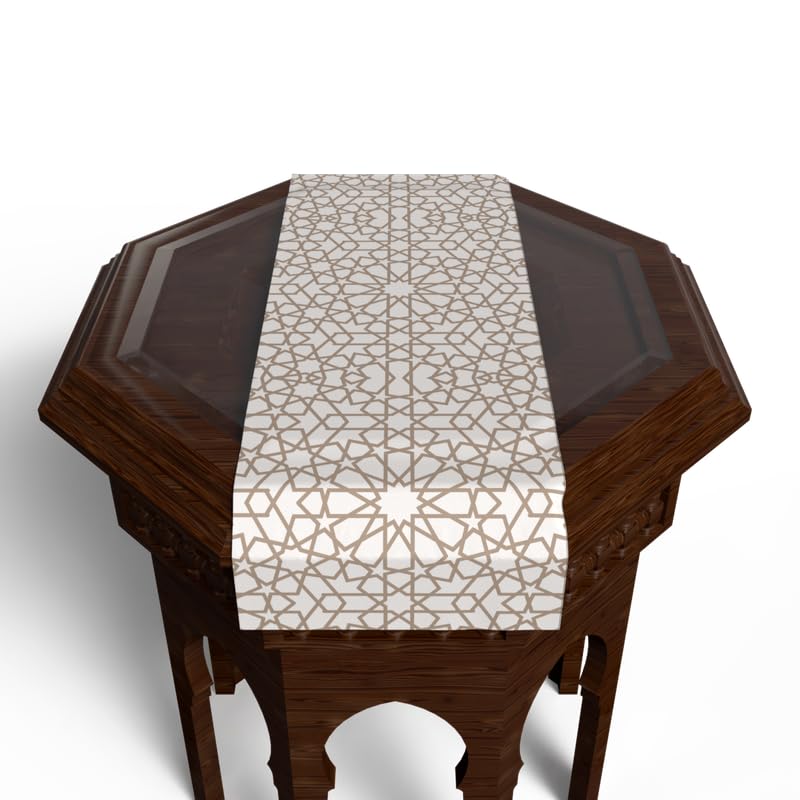 مفرش طاولة نوفا مخملي باللونين الأبيض والبيج، قطعة مركزية مزخرفة بمقاس 35×140 سم بنمط إسلامي مستوحى من السماء، مثالي لديكور طعام هادئ وروحاني في رمضان أو العيد.