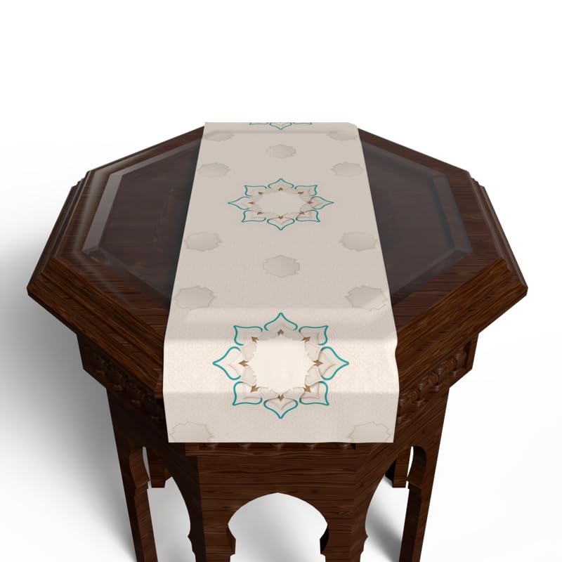Ramadan's Unique Dorra Velvet Runner in White & Beige, 35x140 cm, a Beautiful Decorative Centerpiece with a Jewel-like Islamic Pattern, perfect for adding Elegance to Ramadan Decor