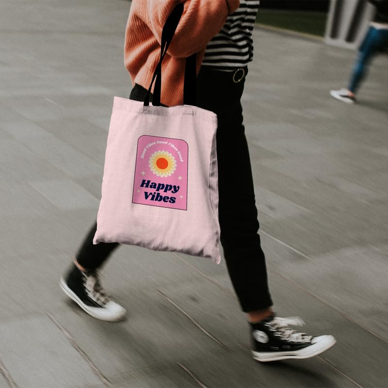 Canvas Happy Vibes Tote Bag, a Durable and Reusable Shopping Bag in Pink, 32x45 cm, a Cheerful and Stylish Carrier for Groceries, Books, Beach Trips, or Everyday Essentials
