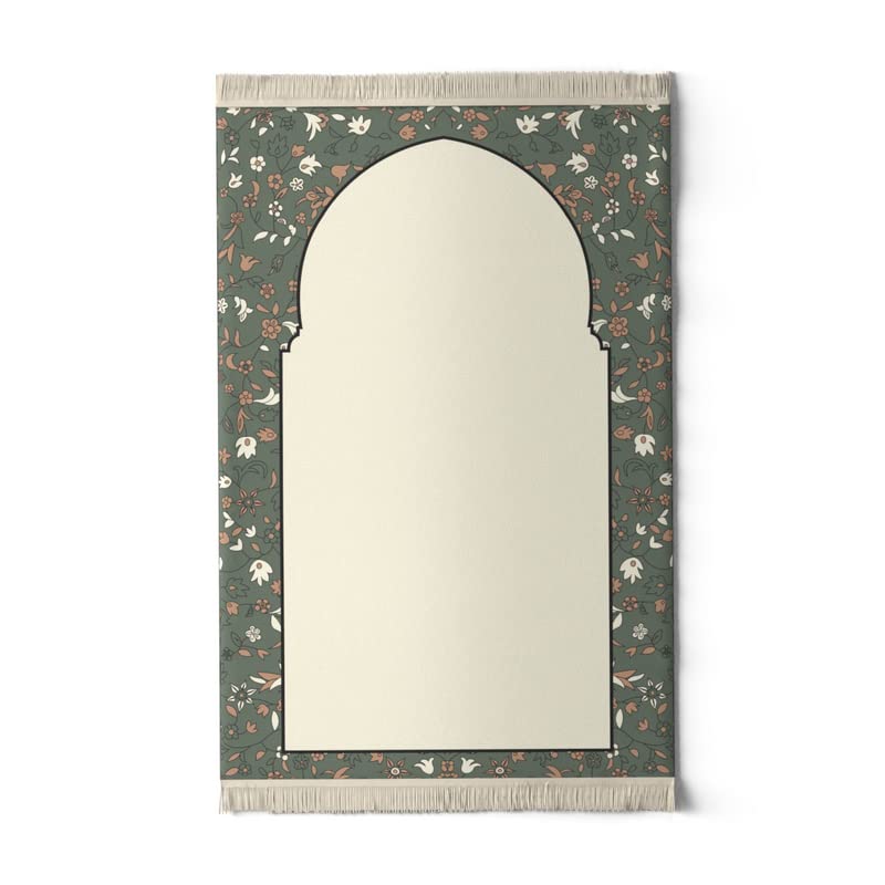 Velvet Prayer Mat in Beige and Olive, 68x117 cm, a luxurious rug with a beautiful mosque garden design, made from soft velvet for a comfortable and peaceful prayer experience