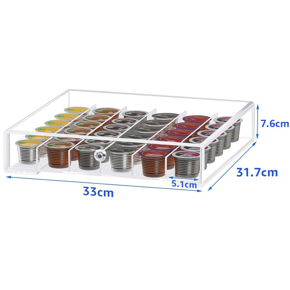 Acrylic K-Cup Holder with Drawer, Clear Pod Organizer Case, Holds up to 36 Capsules, Space-Saving Storage Drawer for Kitchen Counter, Coffee Station, and Office Use