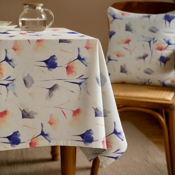 Tablecloth, Sou Floral Pattern, Square Design, Premium Linen Velvet Fabric, Ultra-Soft and Wrinkle-Resistant, 130×130 cm, 1 Piece, Off-White x Navy Blue x Blush, for Dining or Living Room