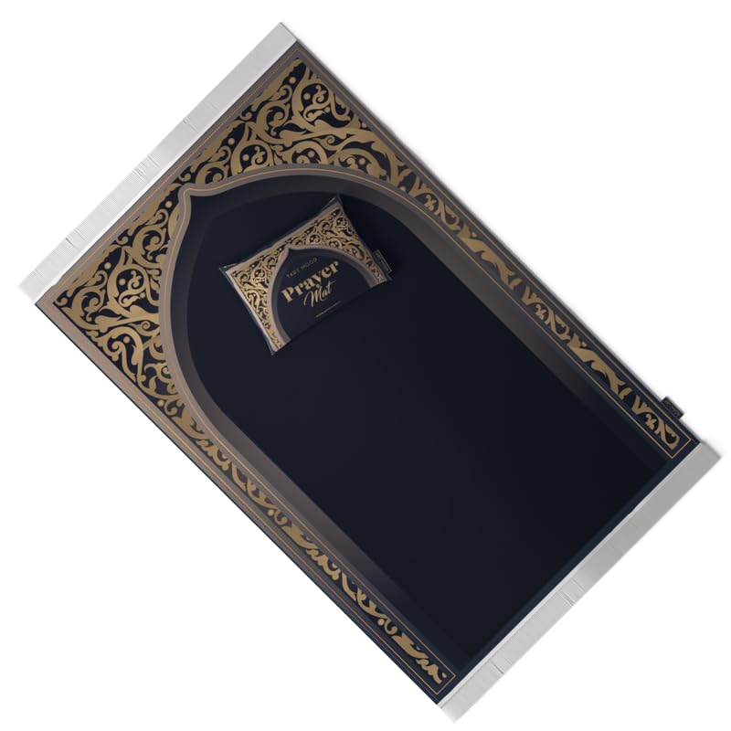 Al-Hedaya Velvet Prayer Mat, a Luxurious Islamic Rug in Blue & Gold from Soft Velvet Material, 68x117 cm, for Comfortable Prayer, an Elegant Salah Mat for Home, Mosque, or as a Gift