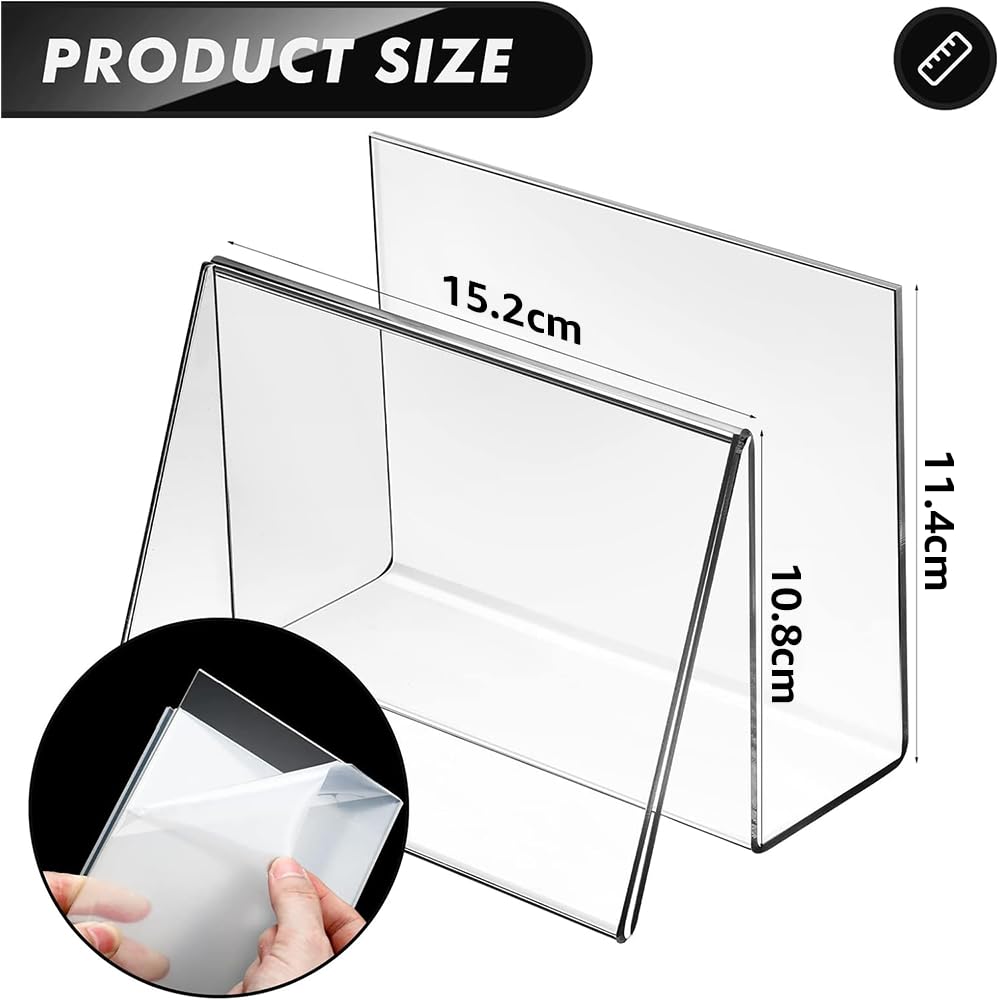 Clear Acrylic Postcard and Business Card Holder Set of 4, Tiered Display Stand and Rack for Greeting Cards, Index Cards, and Photos, Desktop Organizer for Office, Home, and Retail Use
